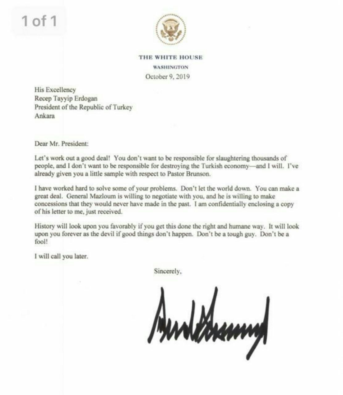 نامه توهین آمیز ترامپ به اردوغان